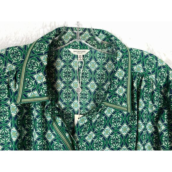 NWT Max Studio 2X Long Sleeve Button Down Dress Green Blue White Tie Back - Picture 6 of 9